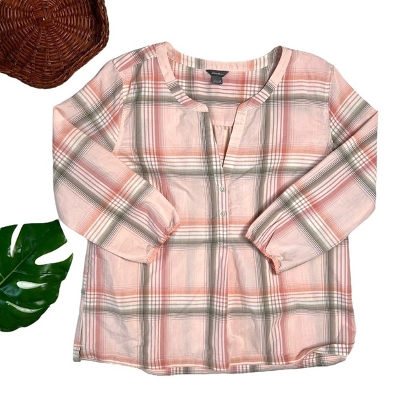 Eddie Bauer Pastel Pink Plaid V-Neck 3/4 Sleeve Blouse Top Shirt Size Medium - Picture 15 of 15
